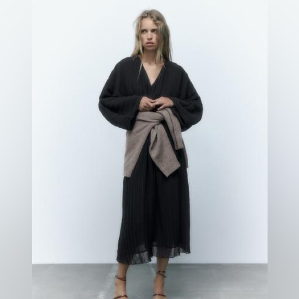 Zara Black Pleated Midi Dress with Taupe Wrap